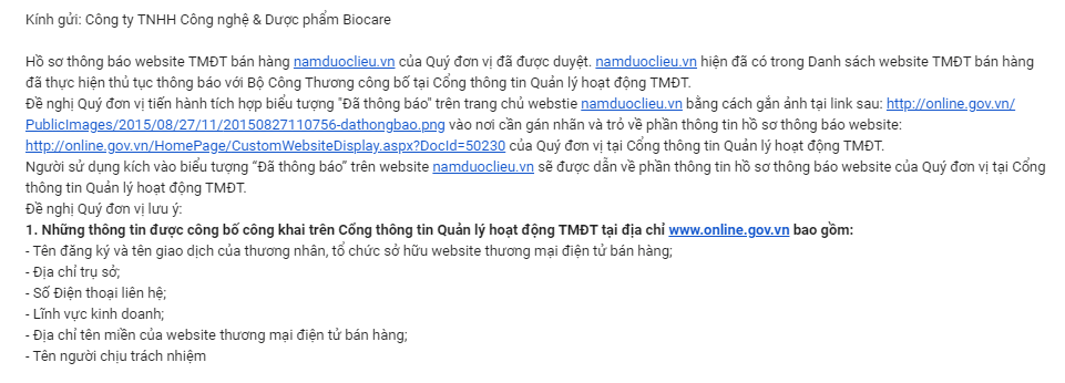 Thông báo website bán hàng thương mại điện tử