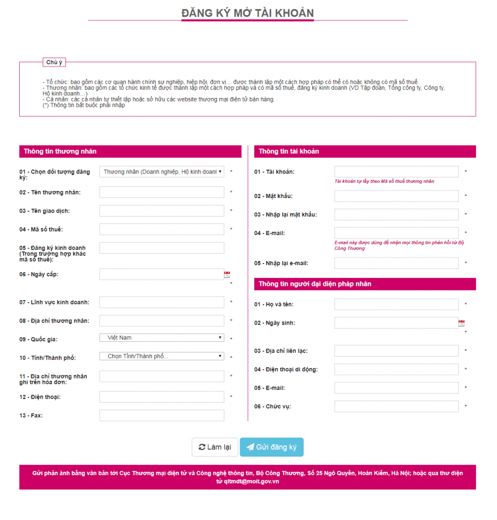 Kê khai thông tin đăng ký tài khoản với Bộ Công thương