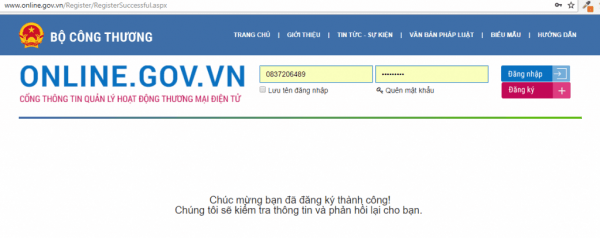 Thông báo website với Bộ công thương